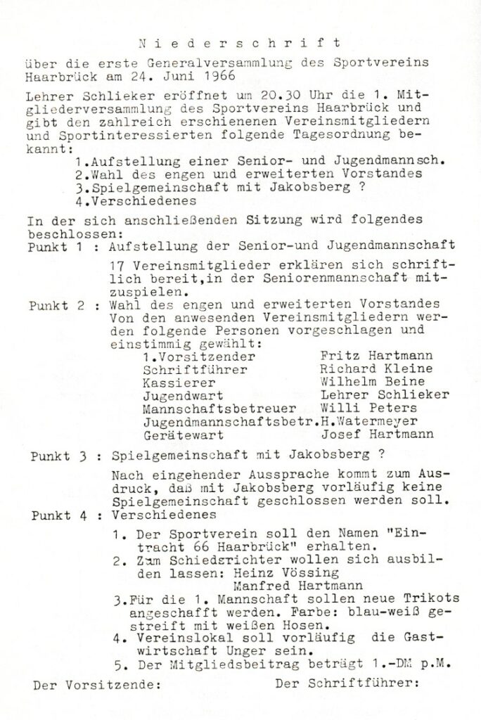 Niederschrift 1966 zur Gründung SV Eintracht Haarbrück