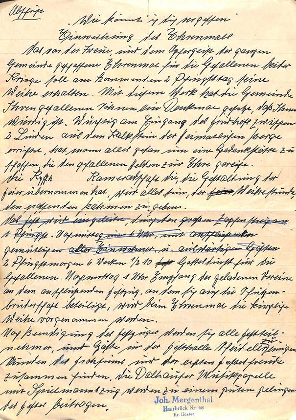 Einweihung des Kriegerdenkmals