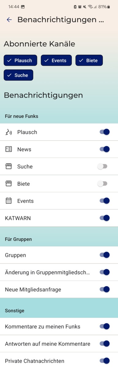 Screenshot der Benachrichtigungseinstellungen in der StadtLand.Funk-App mit einer Liste auswählbarer Optionen.
