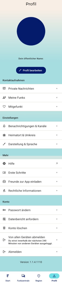 Screenshot der Einstellungen in der StadtLand.Funk-App mit einer Liste verfügbarer Optionen.