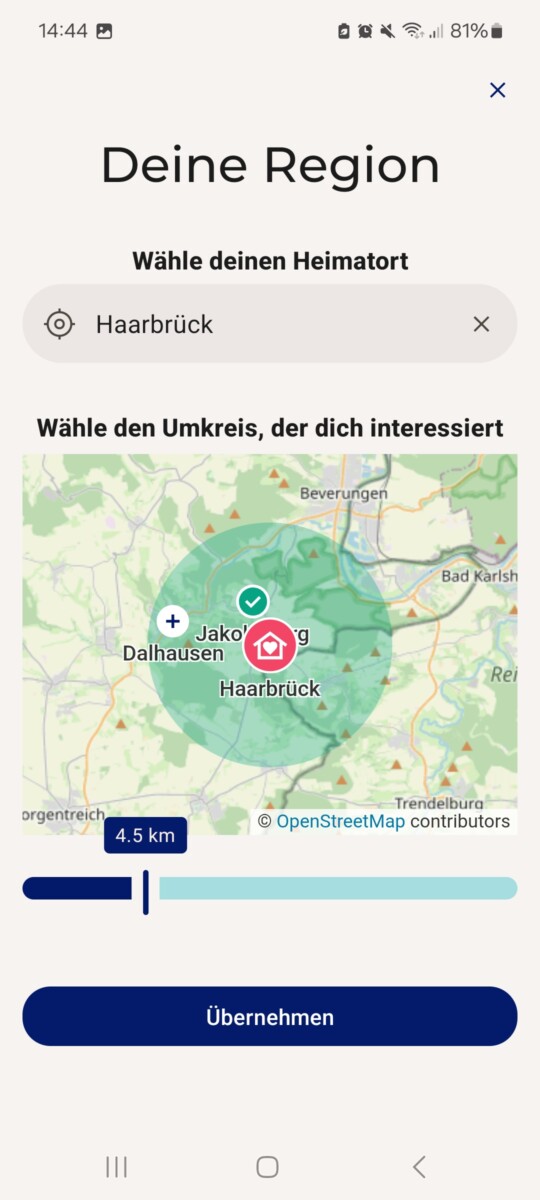 Screenshot der StadtLand.Funk-App: Ortswahl „Deine Region“ mit Heimatort Haarbrück und Umkreis-Regler (4,5 km).